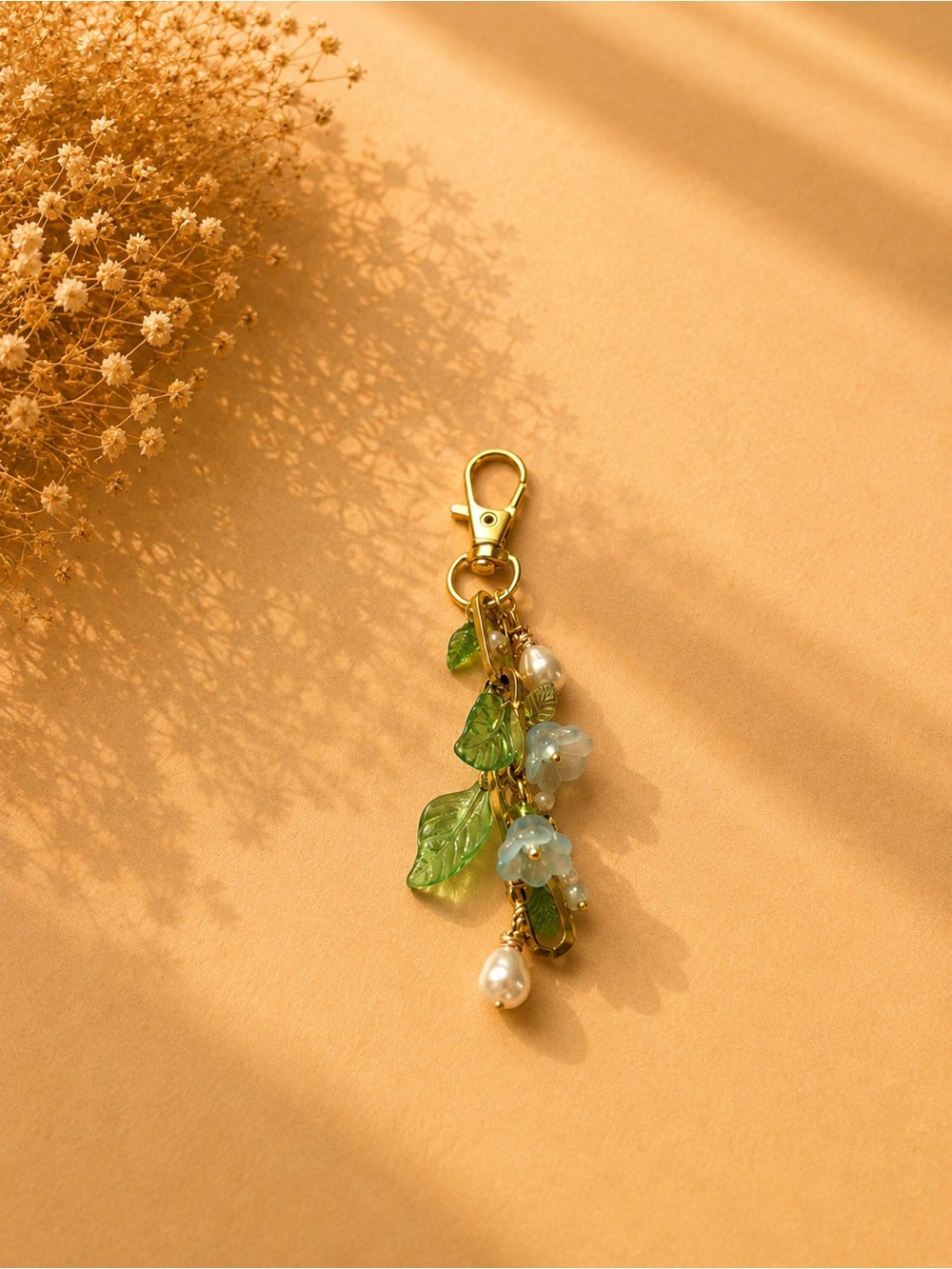 Gold Green Leaf & Pearl Charm Keychain - Women Jewelry